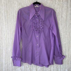 Vintage Lady Westerns Button Up Shirt LARGE Purple Ruffled Pearl Snaps Roper Top
